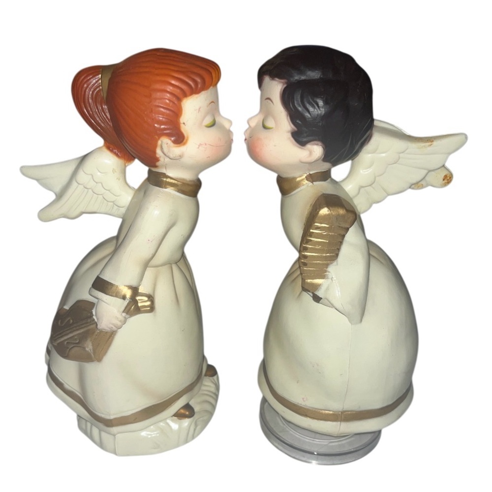 Vintage Christmas Musical Plastic Kissing Angels with Instruments Holiday Xmas